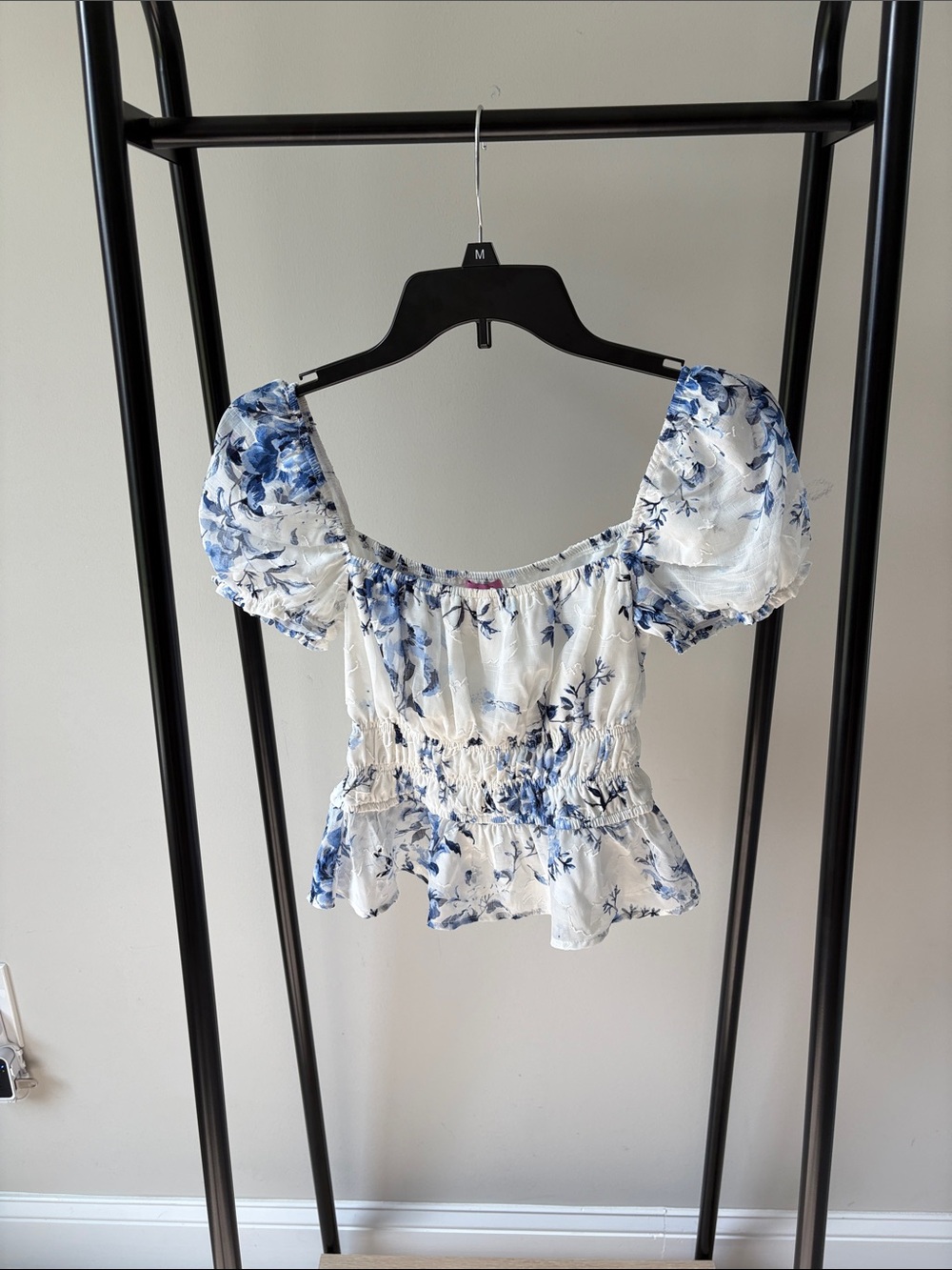 miami Blue & White Floral Puff-Sleeve Peplum Top